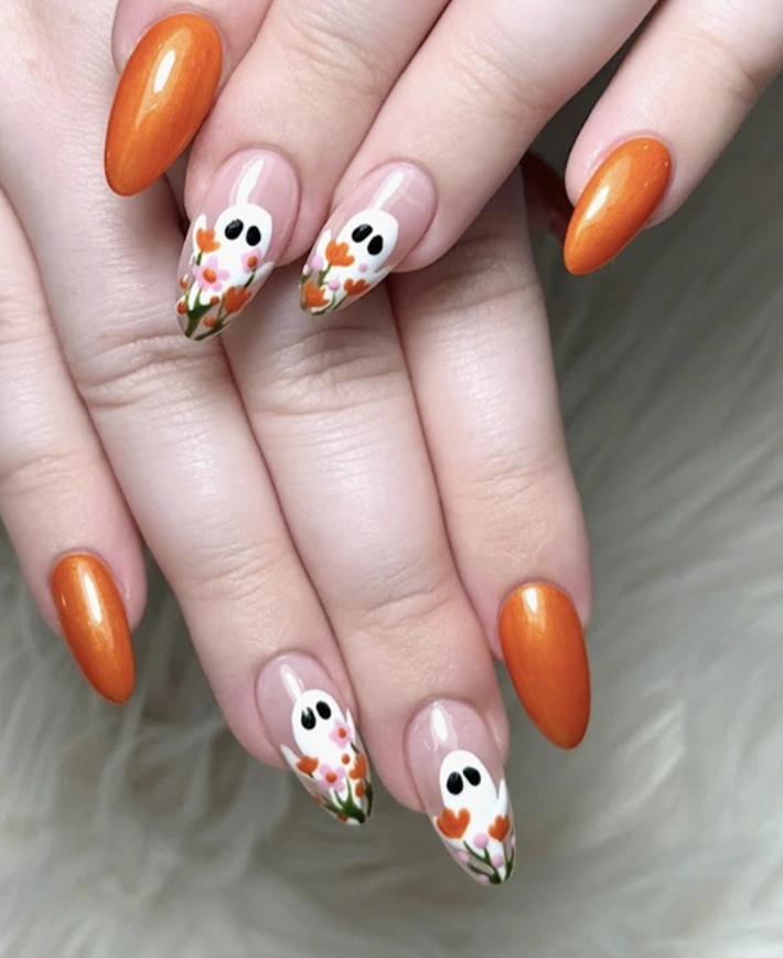 Almond Nails with Glossy Orange & Bunny Flower Art