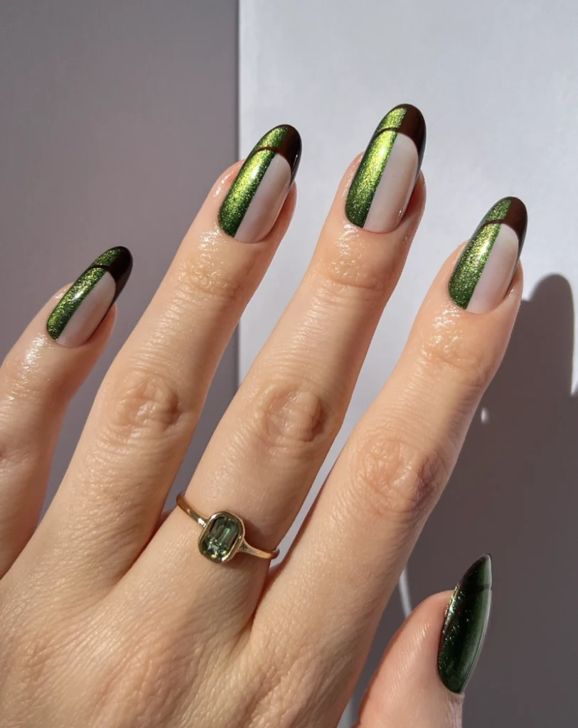 Almond Nails with Green Shimmer and Brown French Tips