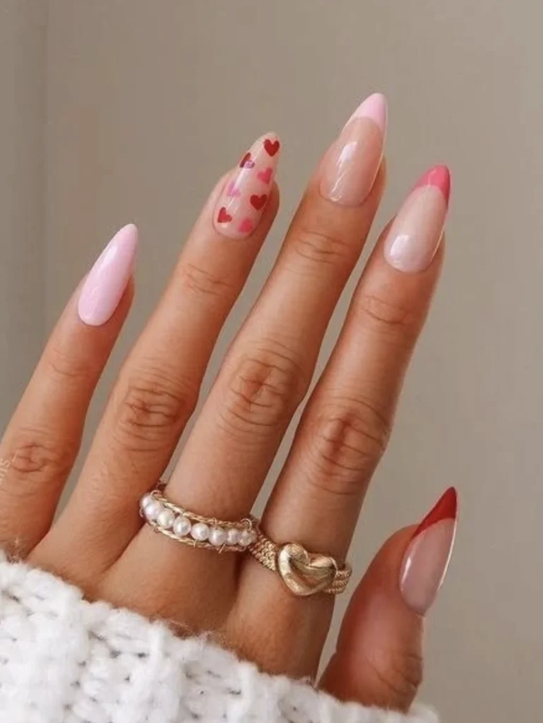 Almond Nails with Pink French Tips and Heart Decals