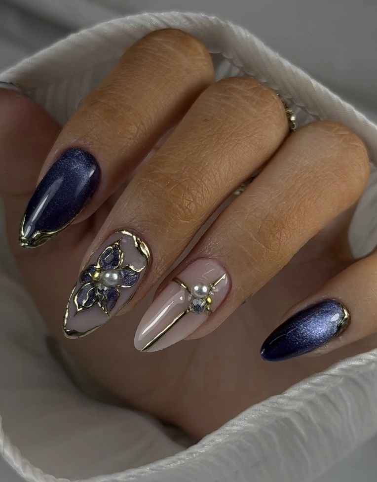 Almond Nails with Sapphire Chrome and Gold Embellishments