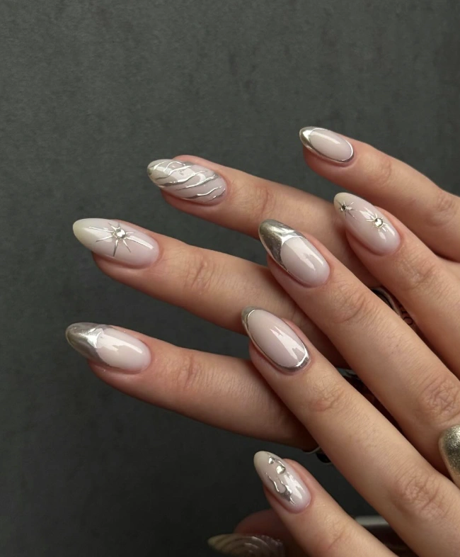 Almond Nails with Silver Chrome Tips and Abstract Accents