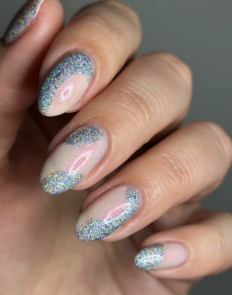 Almond Nails with Silver Glitter Waves over Nude Base