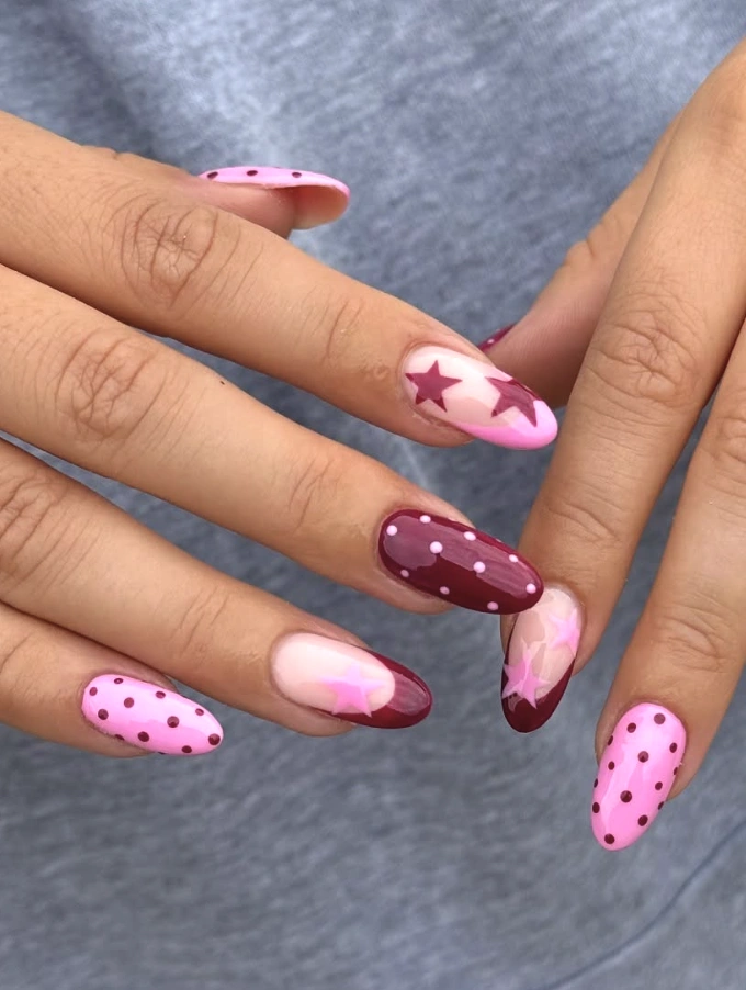 Almond Nails with Star and Polka Dot Accents