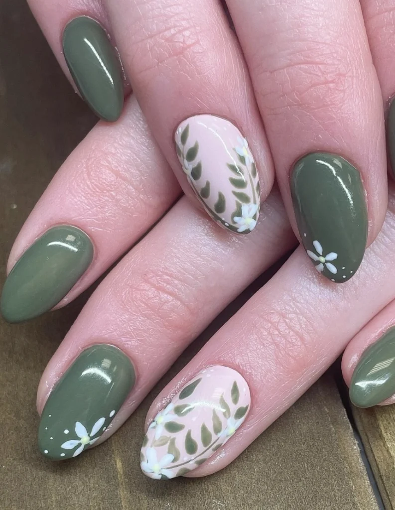 Almond Olive Green Nails with Floral Accent Nails