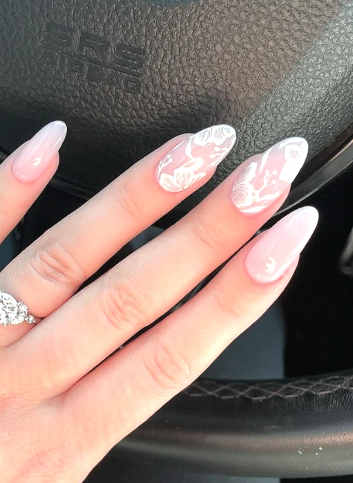 Almond Ombre Nails with White Floral Lace Decals