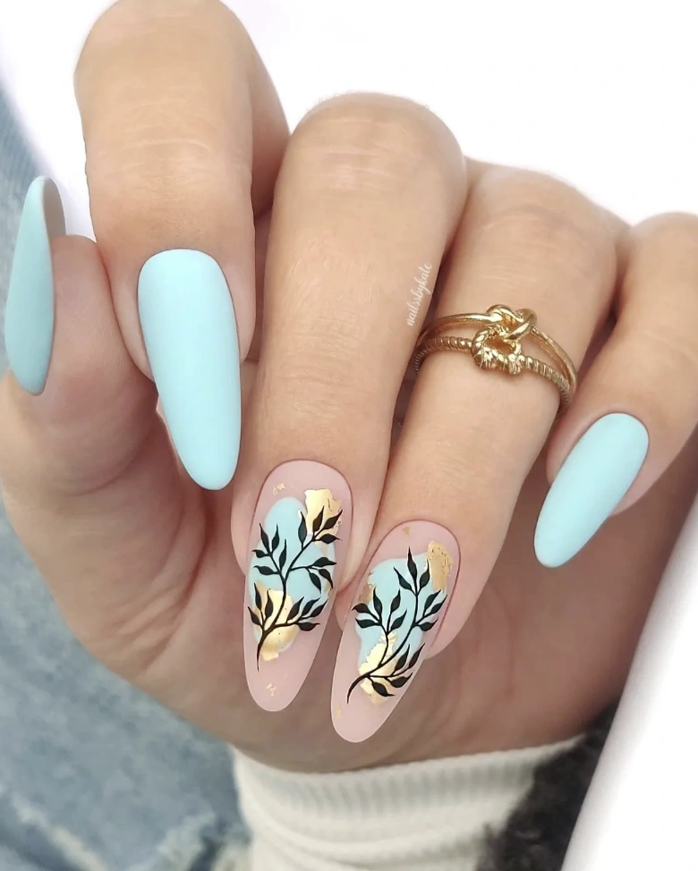 Almond-Shaped Aqua Matte Nails with Botanical Accents