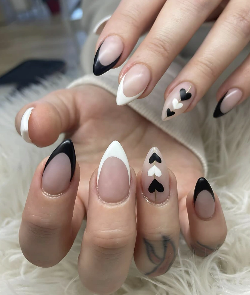 Almond Shaped Nails with French Tip and Heart Details
