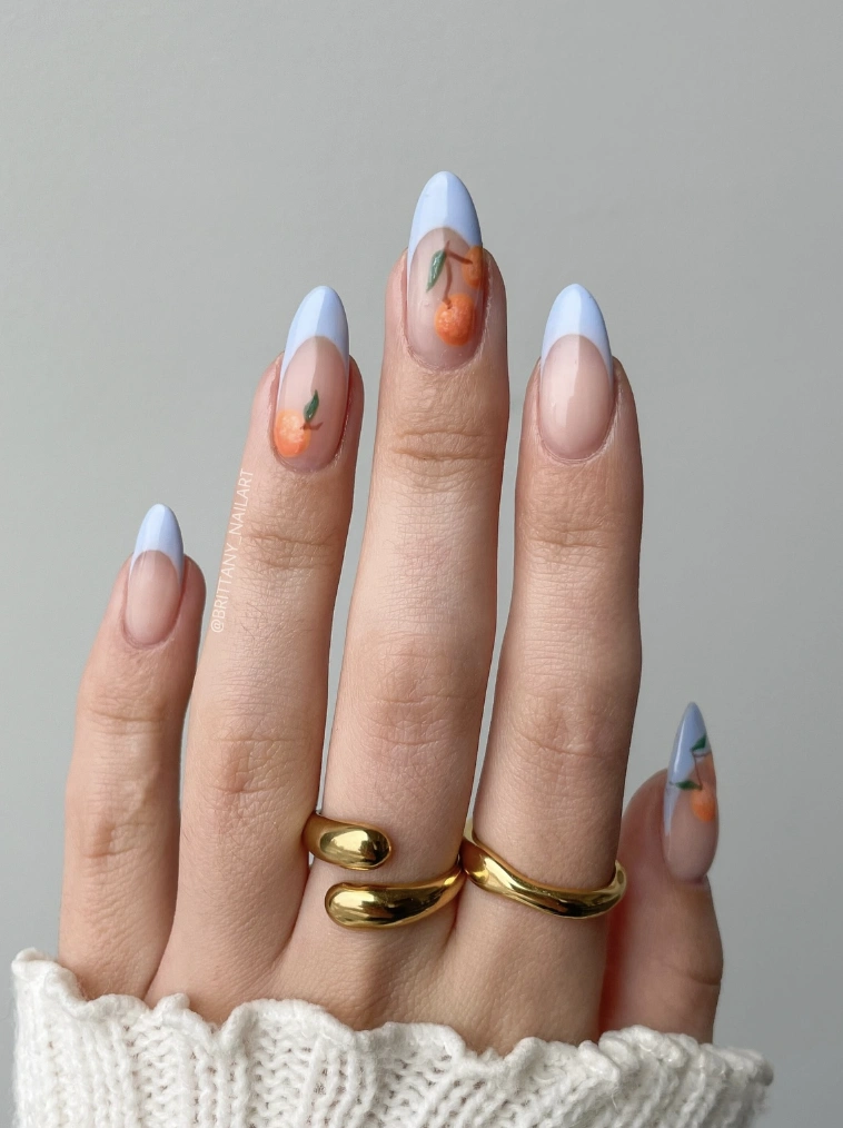 Almond-Shaped Nails with Sky-Blue Tips and Tangerine Art