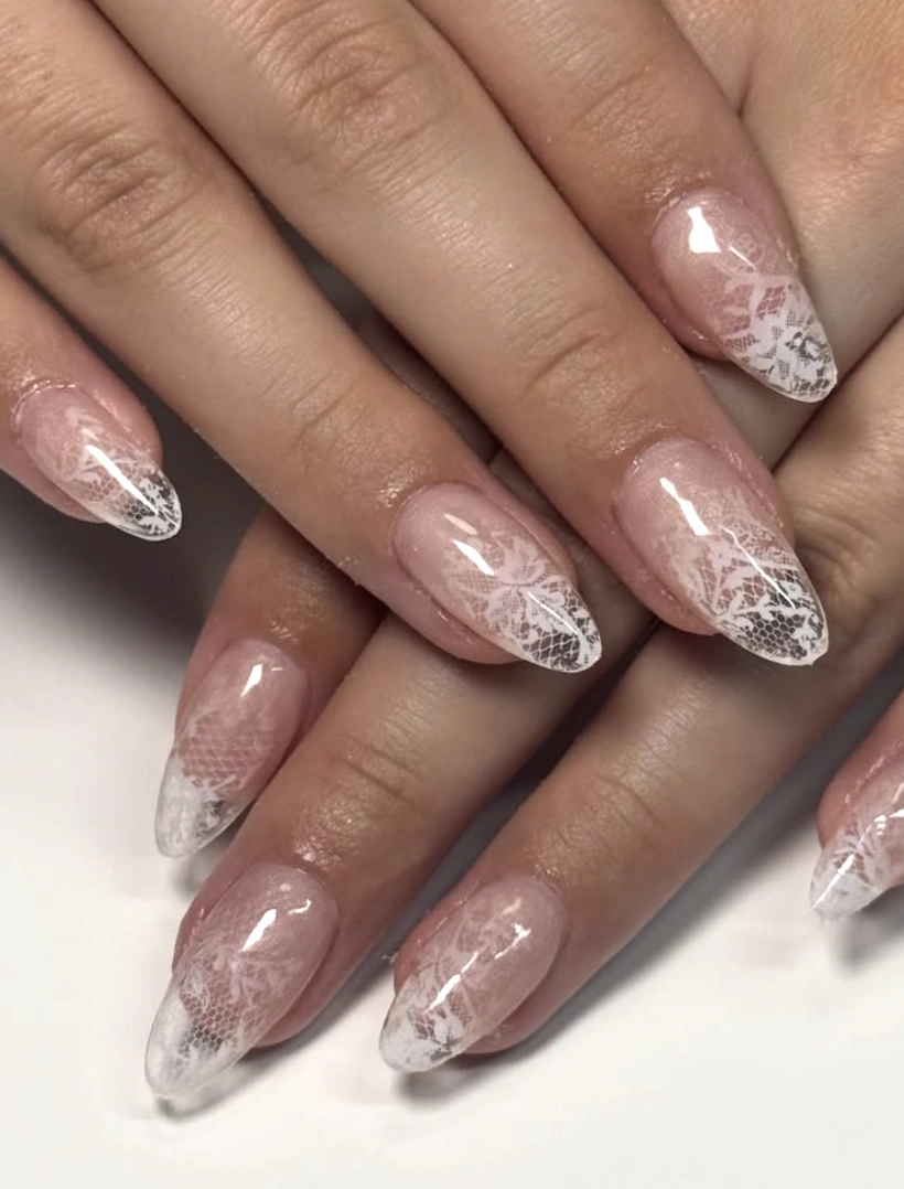 Almond Shaped Nails with White Lace Detail