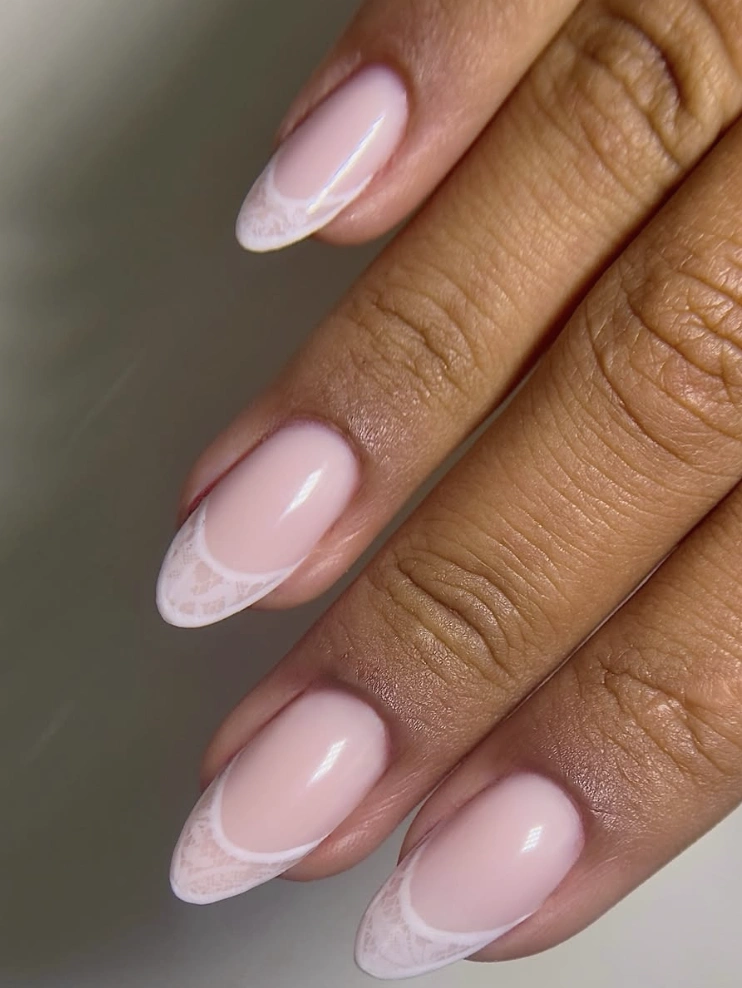 Almond Shaped Nails with White Lace French Tips