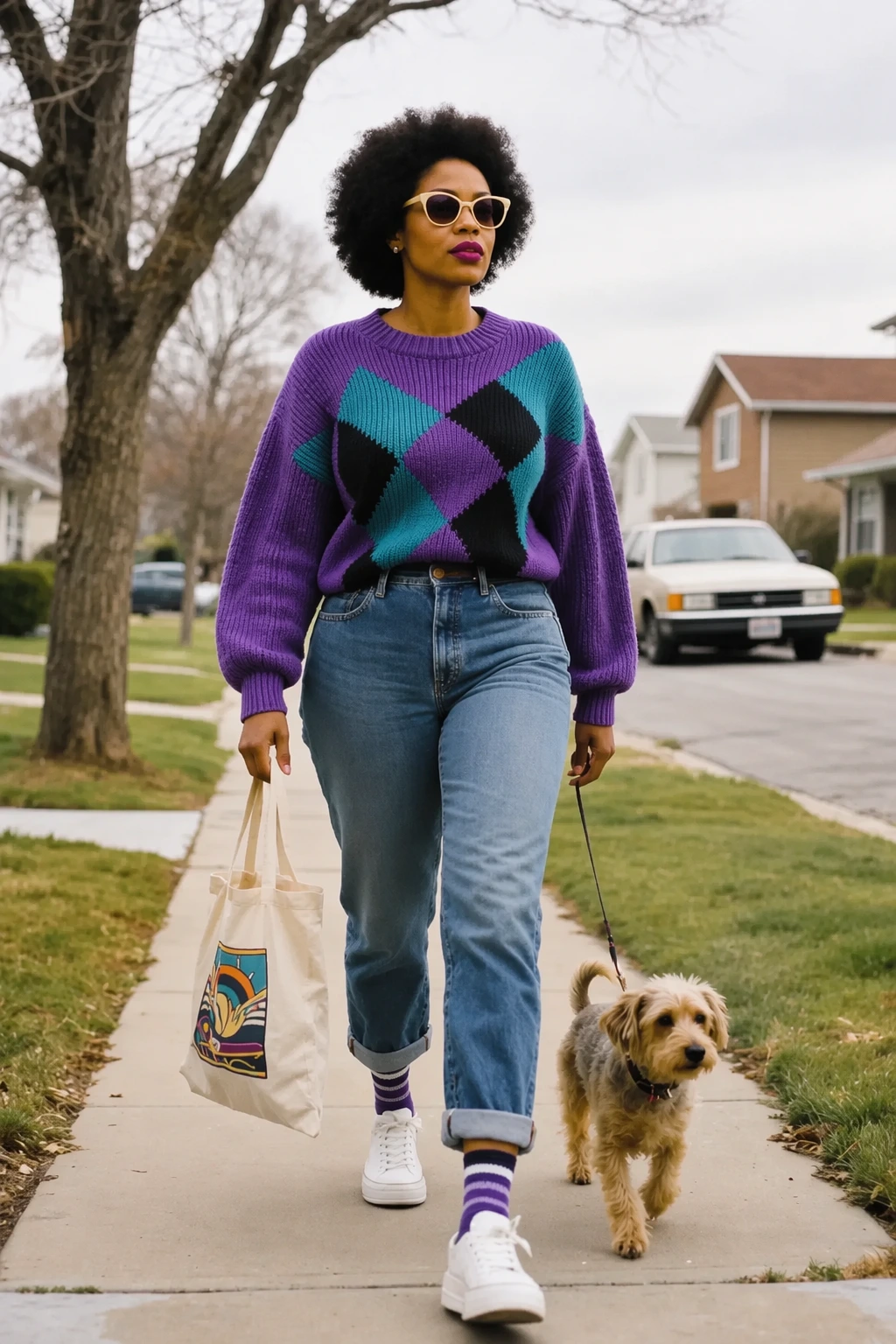 Argyle Sweater + Mom Jeans + White Sneakers