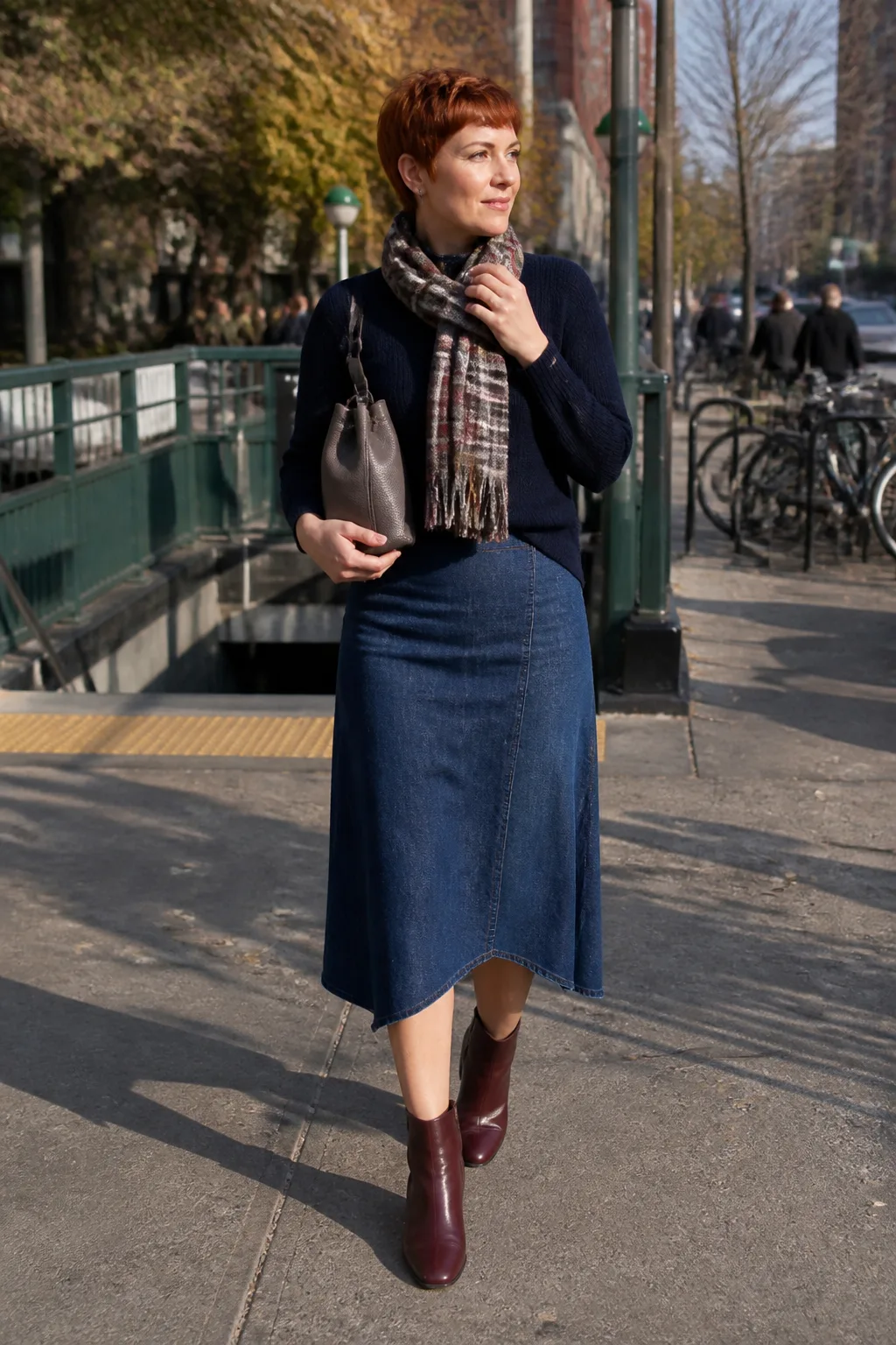 Asymmetric Denim Skirt with Navy Fine-Gauge Sweater