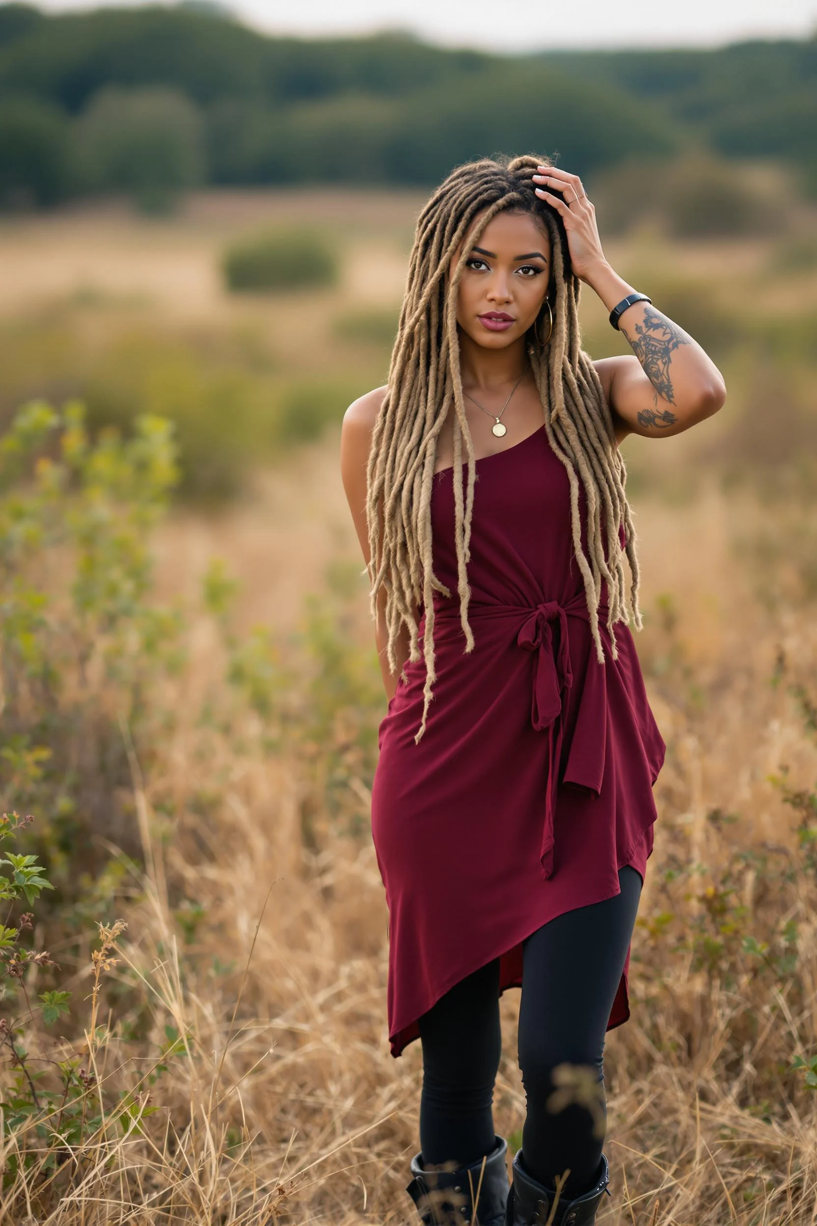 Asymmetrical Burgundy Dress + Black Leggings