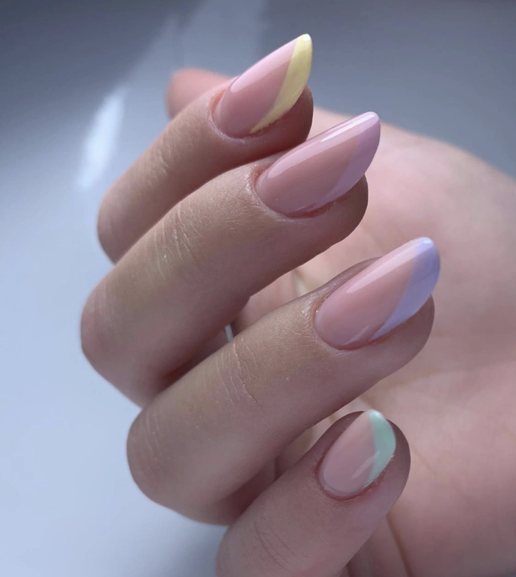Asymmetrical Pastel Color-Blocked Almond Nails