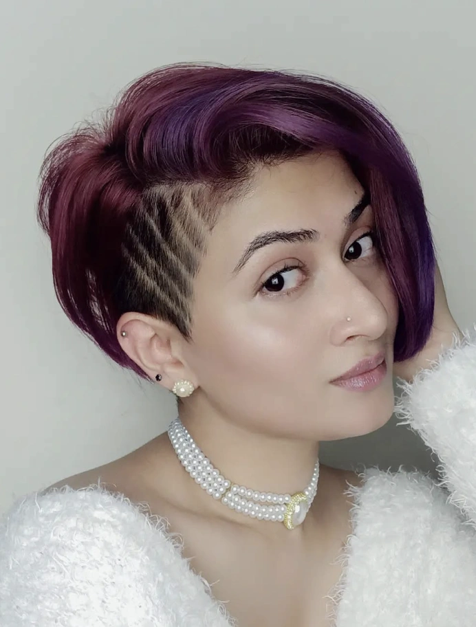 Asymmetrical Pixie with Purple Tones and Graphic Undercut