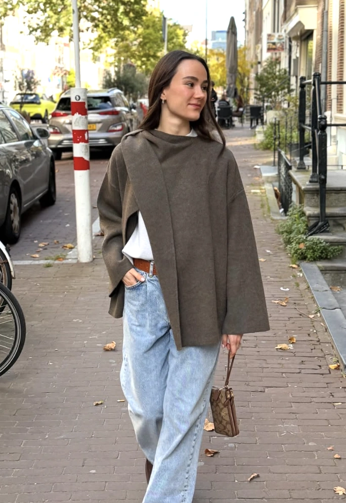 Asymmetrical Wool Wrap + Light Wash Denim + Mini Bag