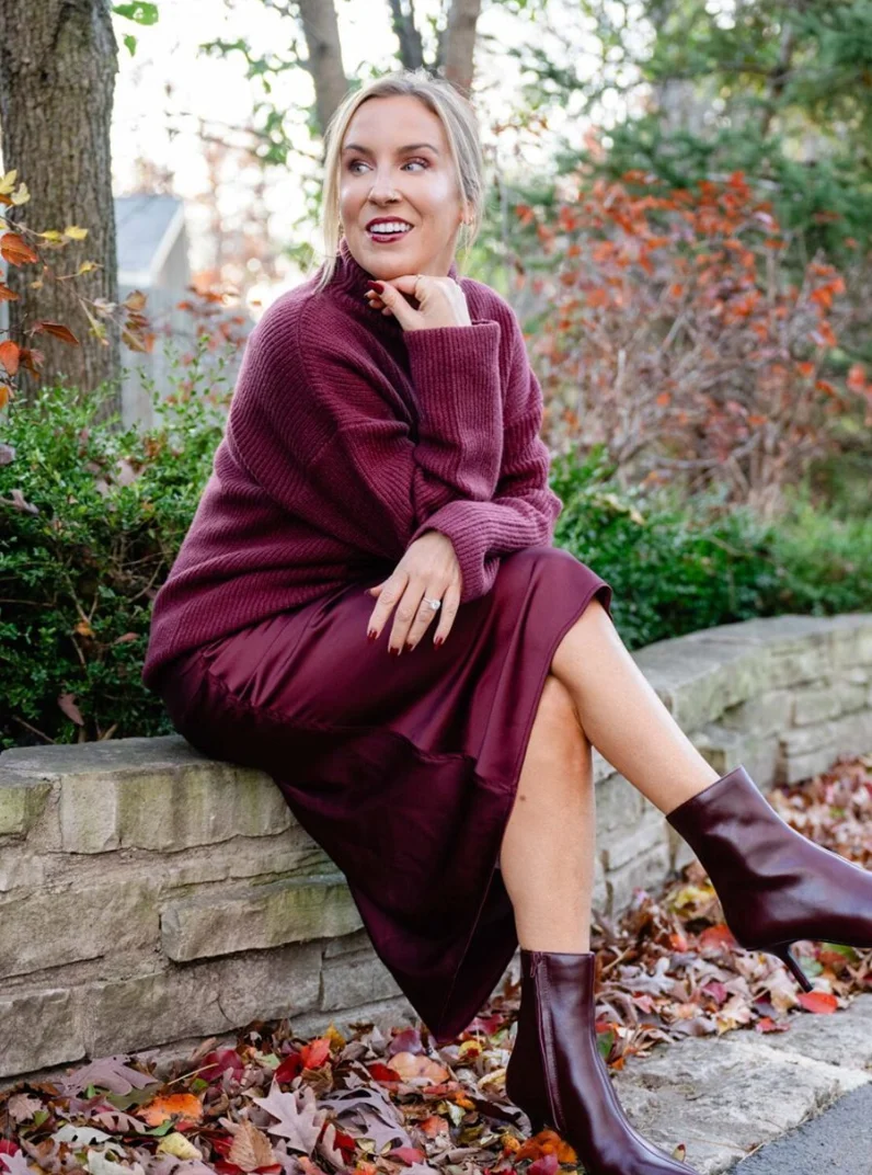 Autumn Warmth: Burgundy Sweater + Satin Skirt + Ankle Boots