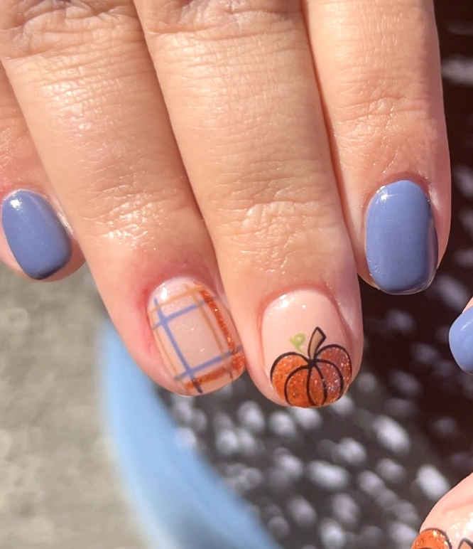Autumnal Pumpkin Art, Plaid Patterns, and Cozy Blue Shades