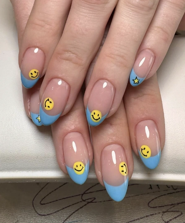 Baby Blue French Tips with Smiley Face Details