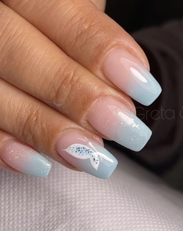 Baby Blue Ombre Nails with Mermaid Tail Accent