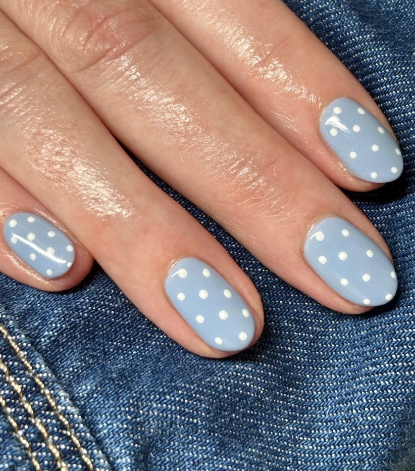 Baby Blue Oval Nails with Crisp White Polka Dots