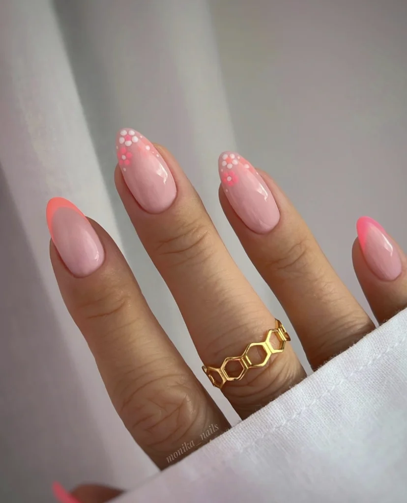 Baby Pink Almond Nails with Floral and Neon French Tips