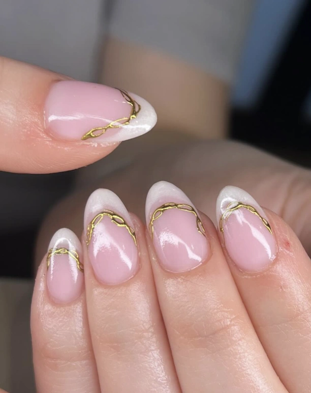 Baby Pink Almond Nails with Gold Chain Detailing