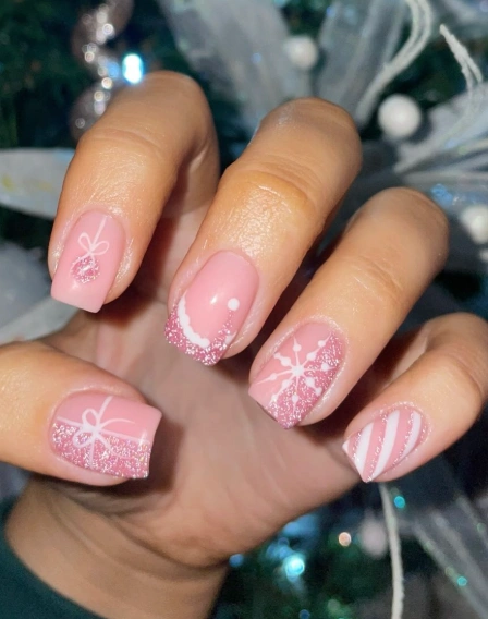 Baby Pink Christmas Nails Short with Glitter Accents