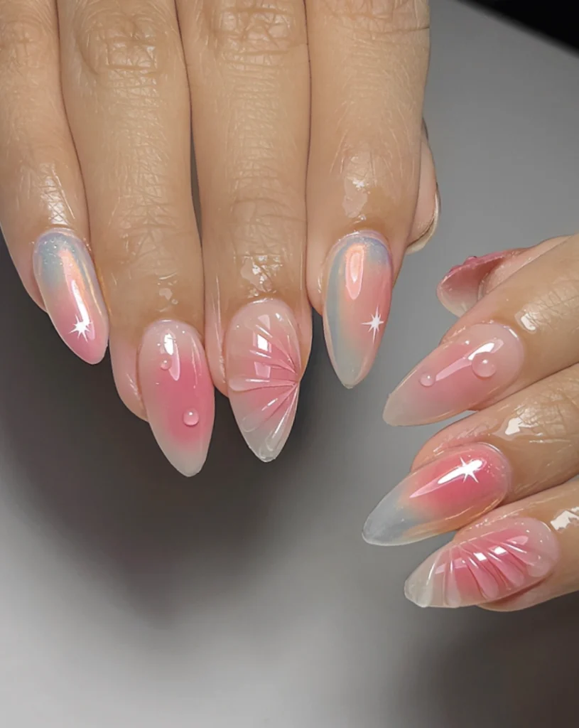 Baby Pink Ombre Stiletto Nails with Star and Waterdrop Details