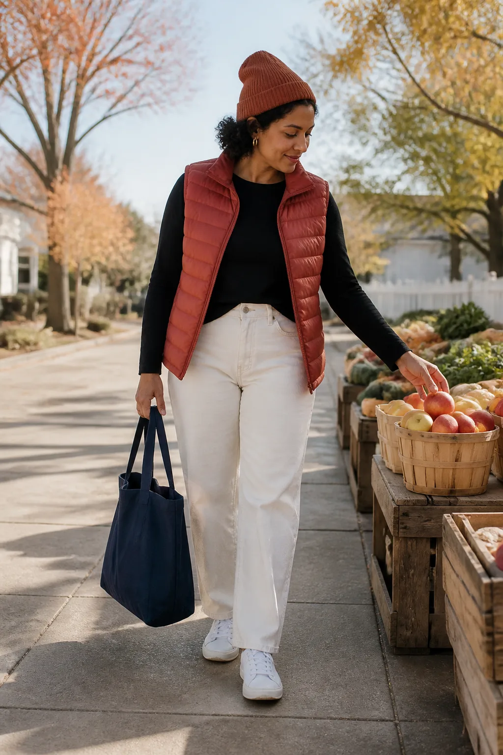 Baggy Ecru Jeans with a Quilted Vest