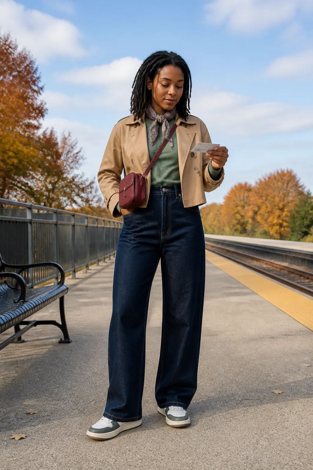 Baggy Indigo Jeans with a Cropped Trench Jacket