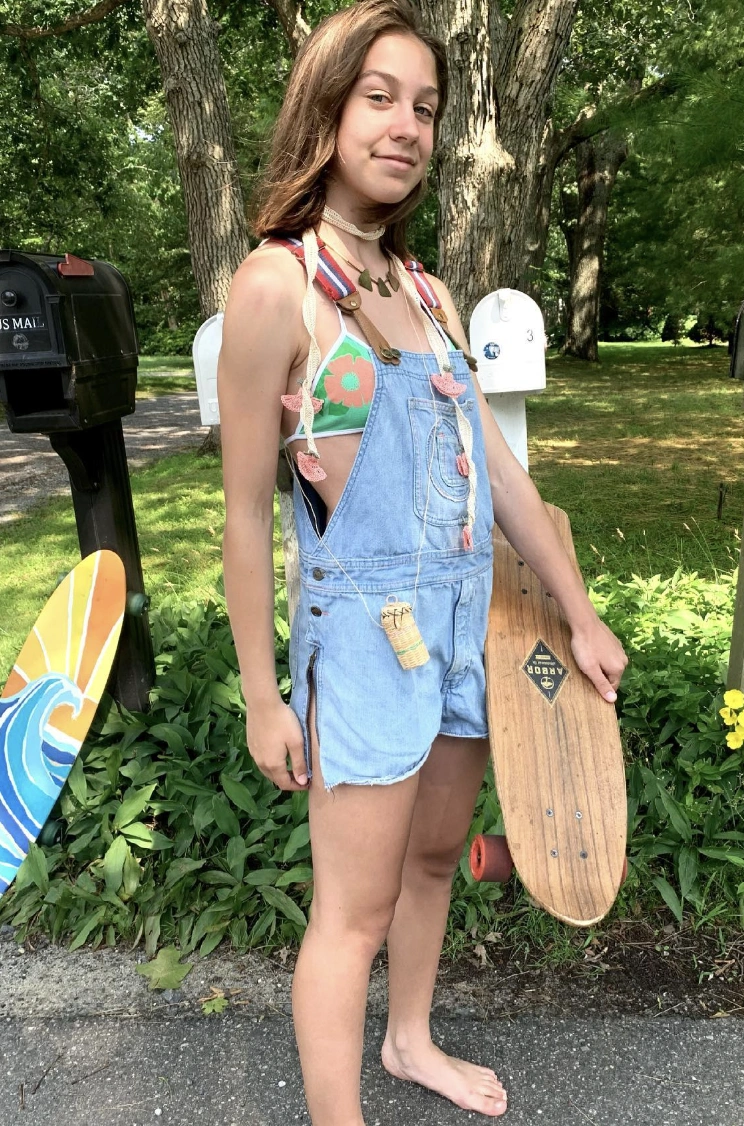 Baggy Overall Denim Shorts + Colorful Bikini Top