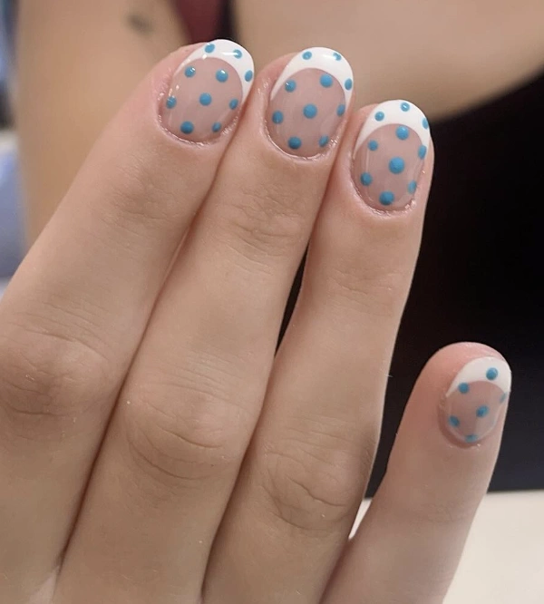 Bare Nails with Sky Blue Polka Dots and White Tips