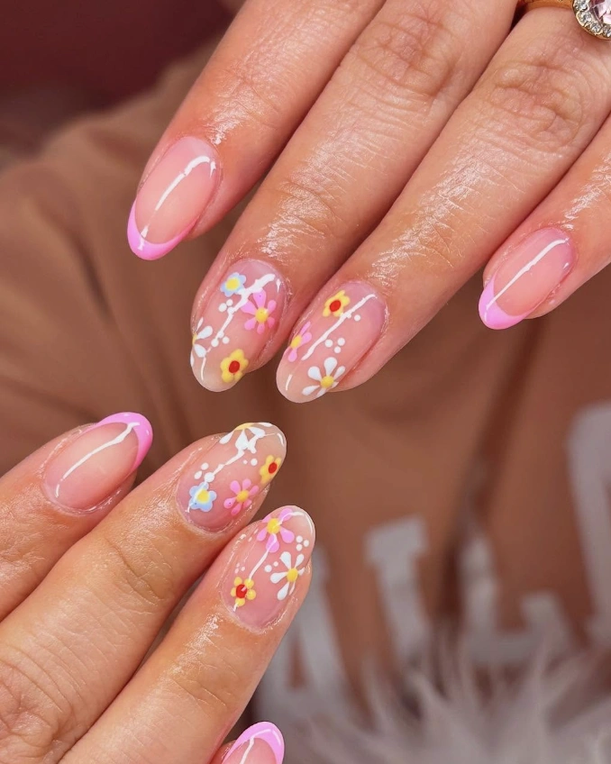 Bare Oval Nails with Pastel Flower Detail and Pink French Tip