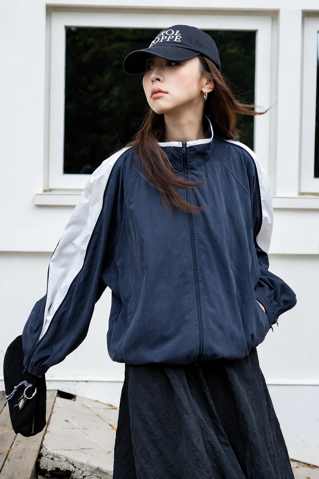 Baseball Cap + Stand-Up Collar Jacket + Midi Skirt