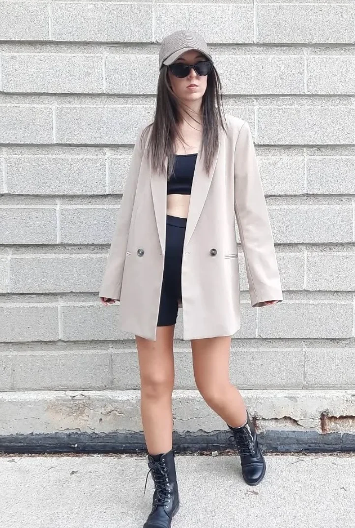 Beige Blazer + Black Bike Shorts + Combat Boots