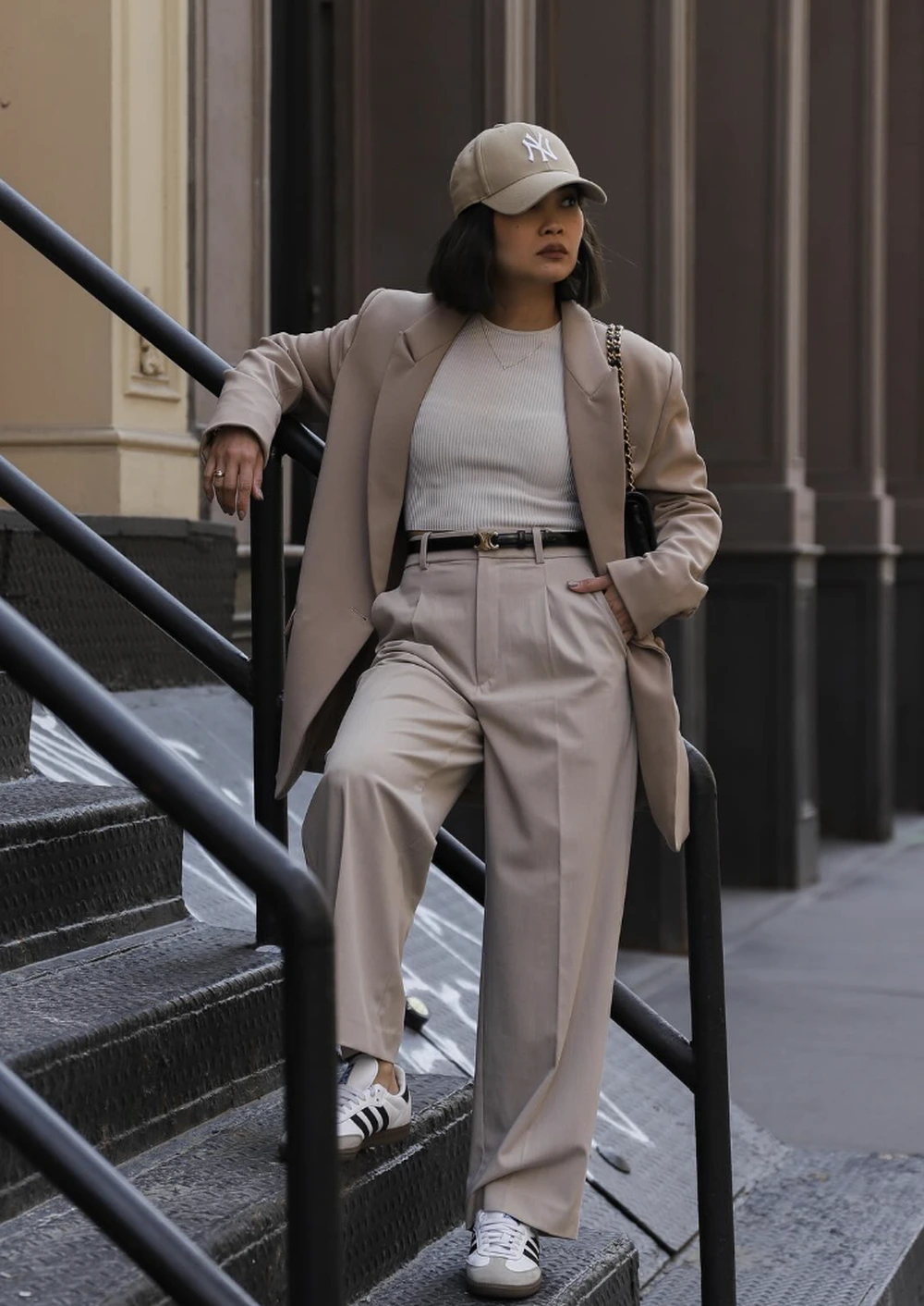 Beige Blazer + Pleated Trousers + Ribbed Tank