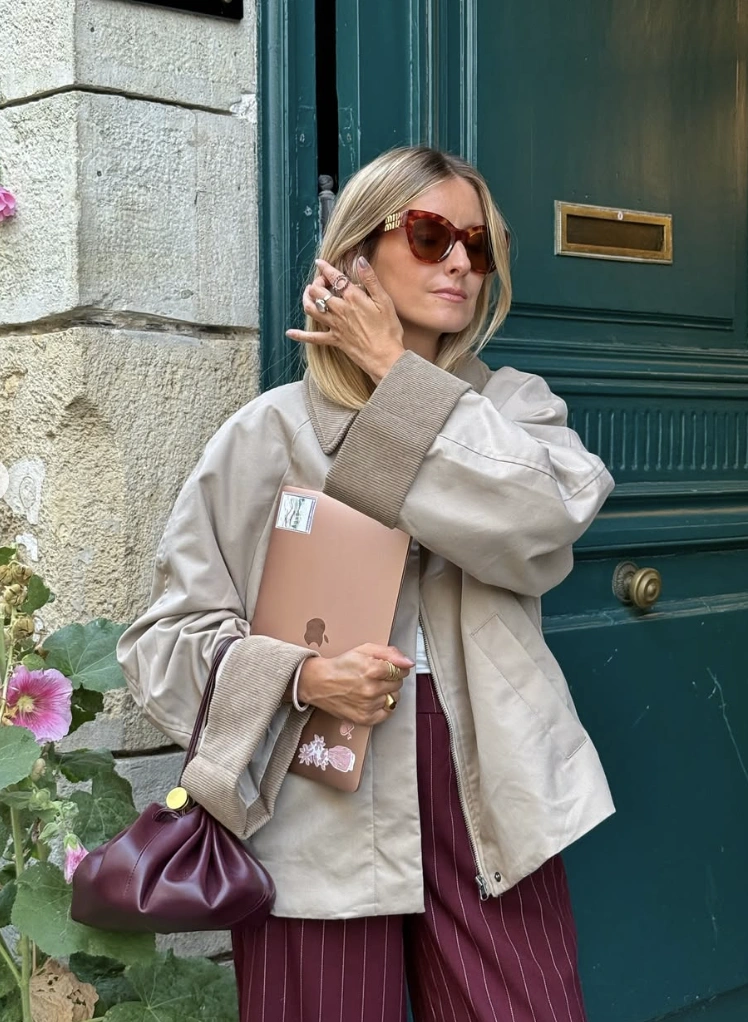 Beige Bomber Jacket + Striped Trousers + Burgundy Handbag
