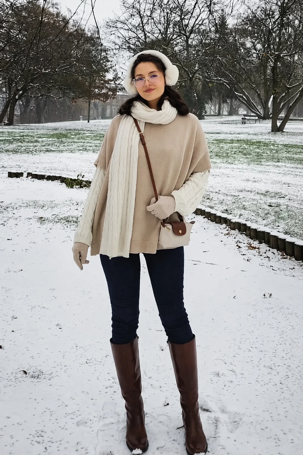 Beige Cape Top + Skinny Jeans + Knee High Boots