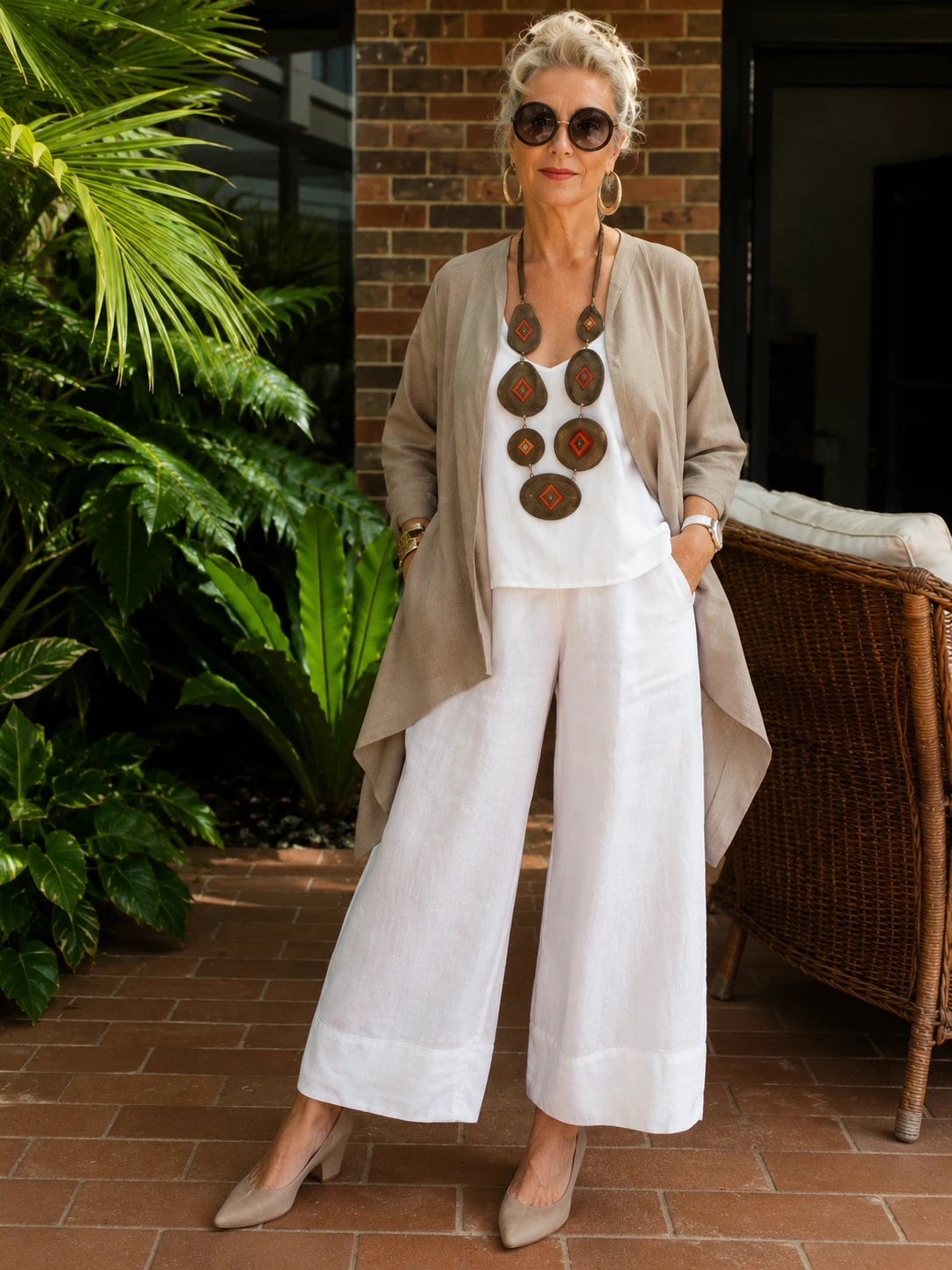 Beige Drape Cardigan + White Wide-Leg Pants + Taupe Heels