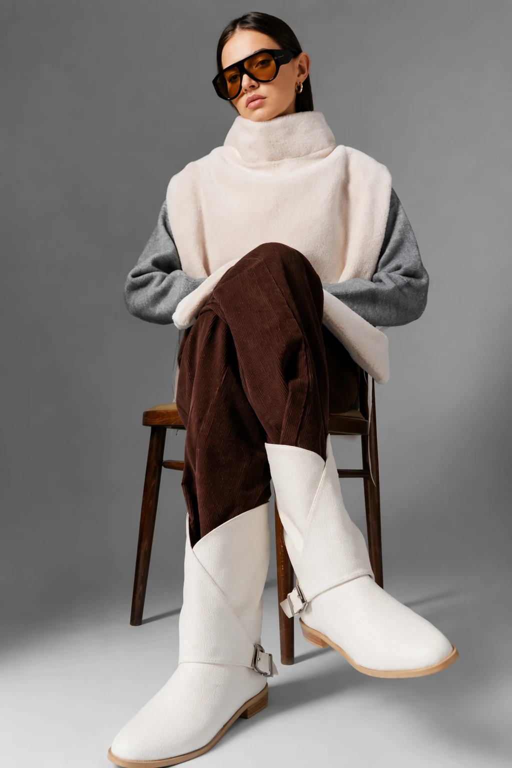 Beige Faux Fur Vest + Corduroy Trousers + White Leather Boots