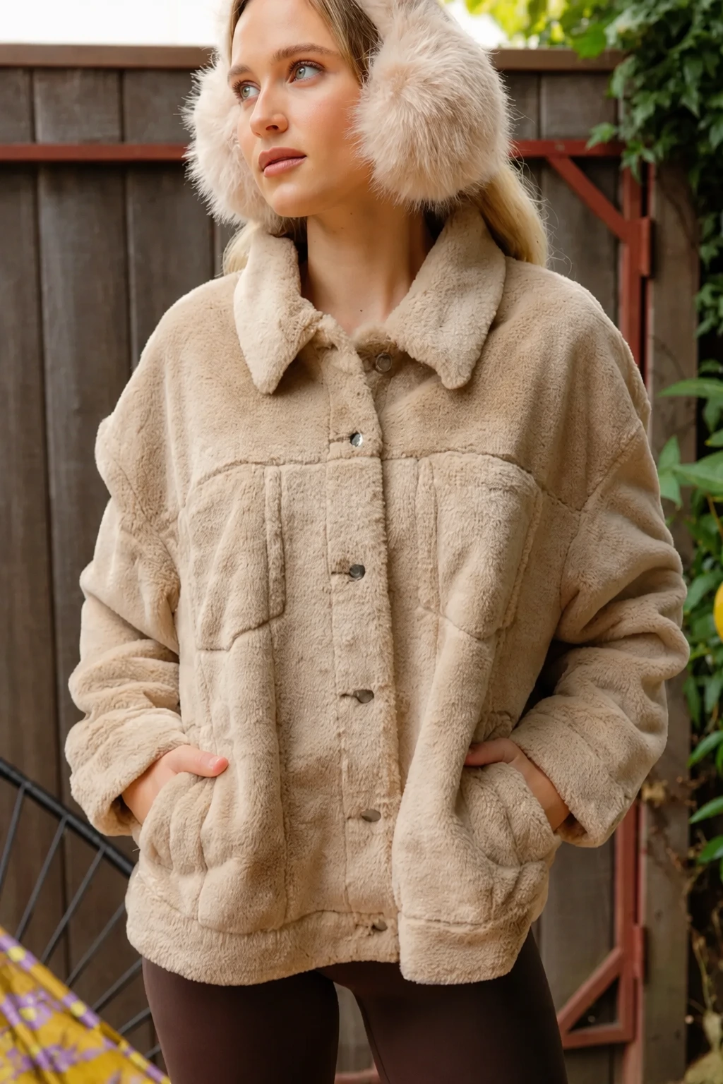 Beige Fur Earmuffs + Beige Band Collar Jacket + Brown Leggings
