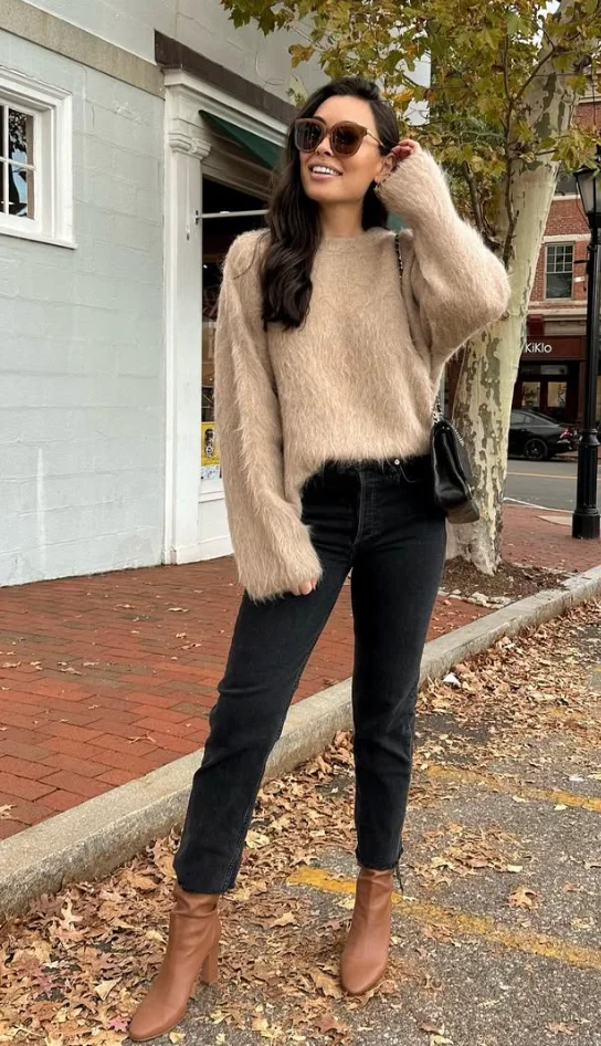 Beige Fuzzy Sweater + Black High-Waisted Jeans + Tan Ankle Boots