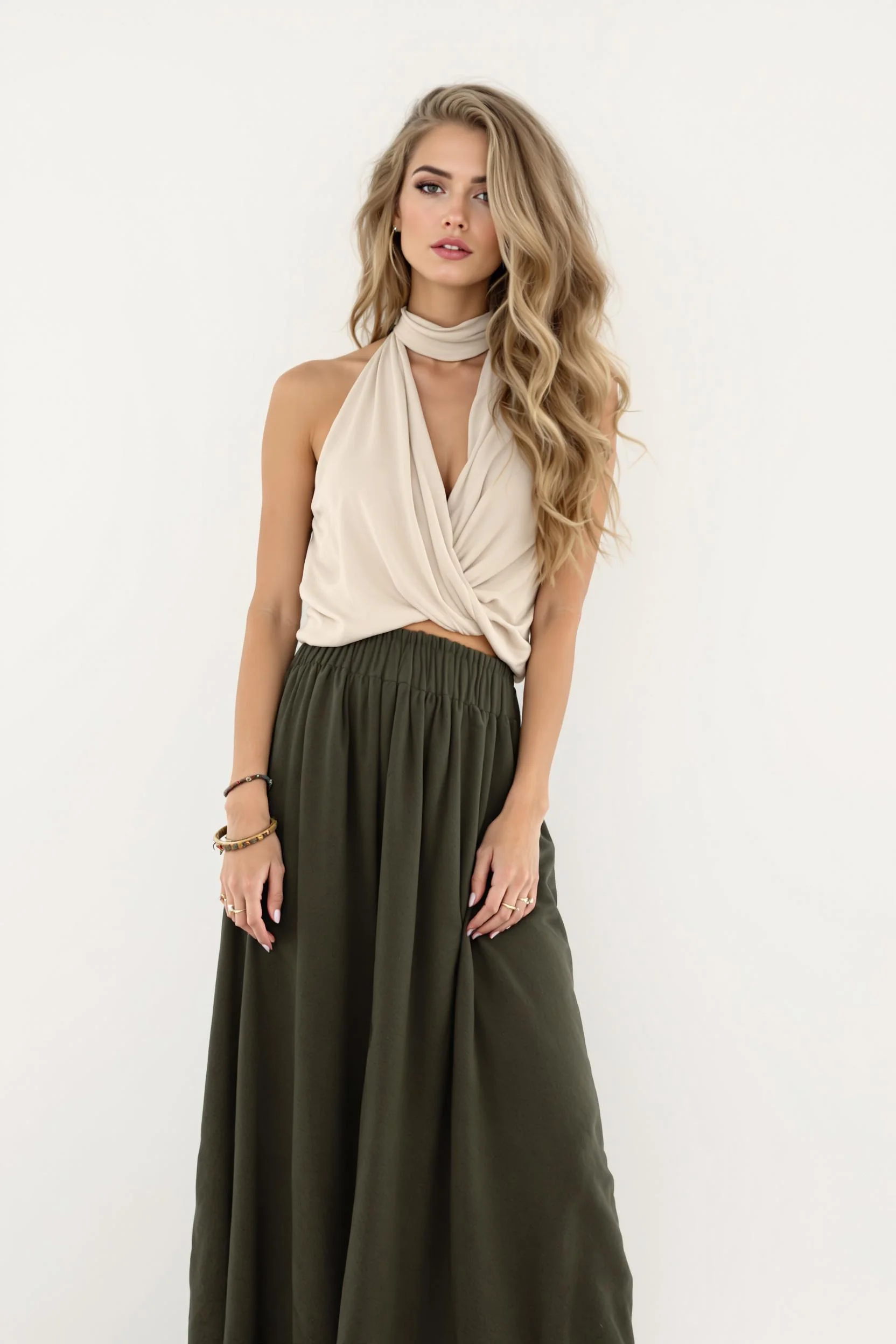 Beige Halter Wrap Top + Olive Maxi Skirt