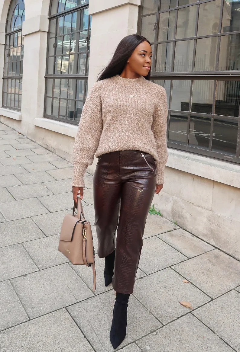 Beige Knit Sweater + Brown Leather Pants + Black Ankle Boots