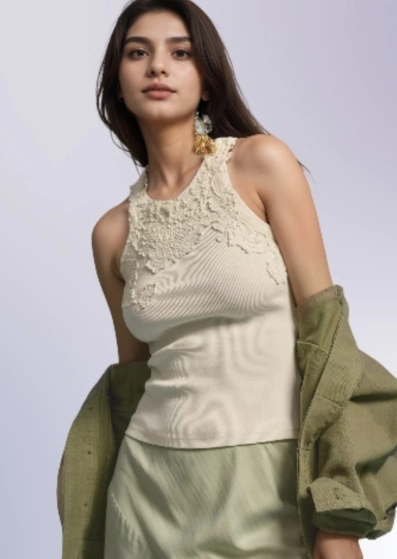 Beige Lace Tank Top + Olive Green Oversized Jacket + Light Green Wide-Leg Pants