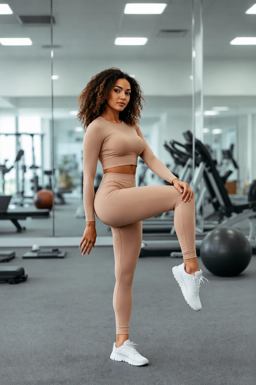 Beige Long Sleeve Crop Top + Beige High-Waisted Leggings + White Athletic Sneakers