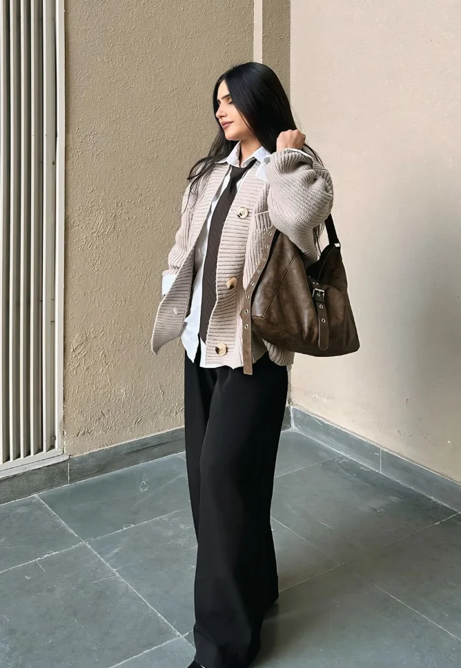Beige Oversized Cardigan + White Button-Up Shirt + Black Wide-Leg Trousers