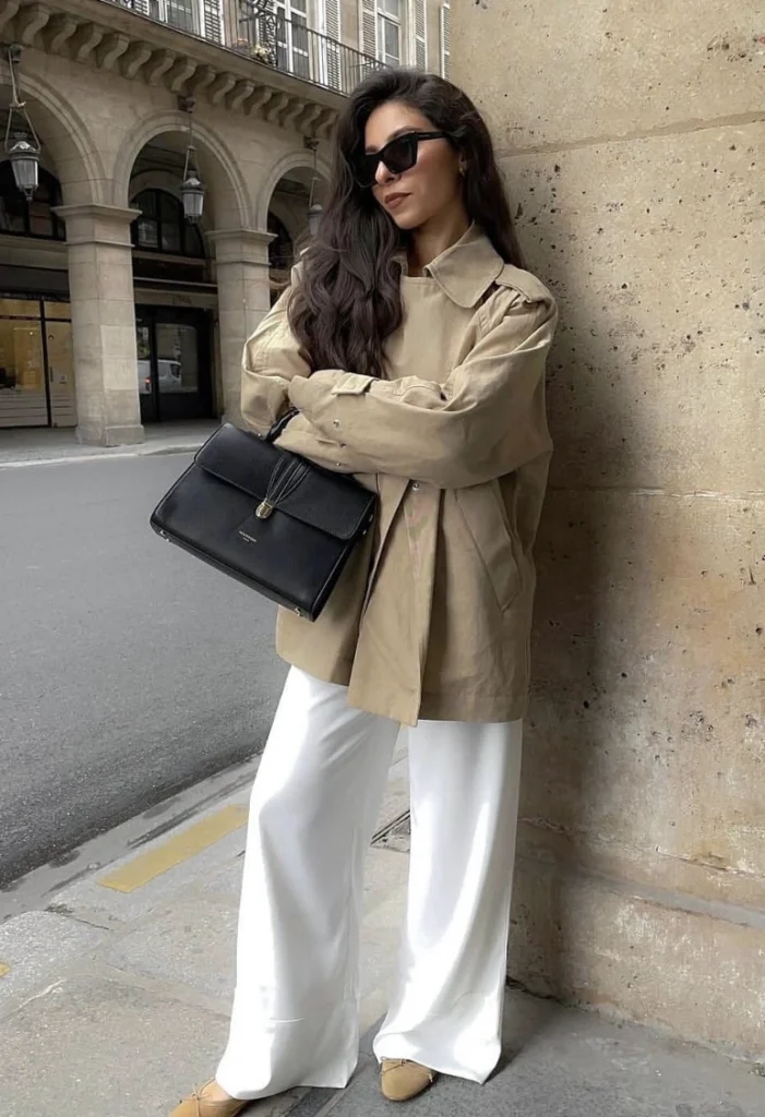 Beige Oversized Trench Coat + White Wide-Leg Pants + Beige Pointed-Toe Flats