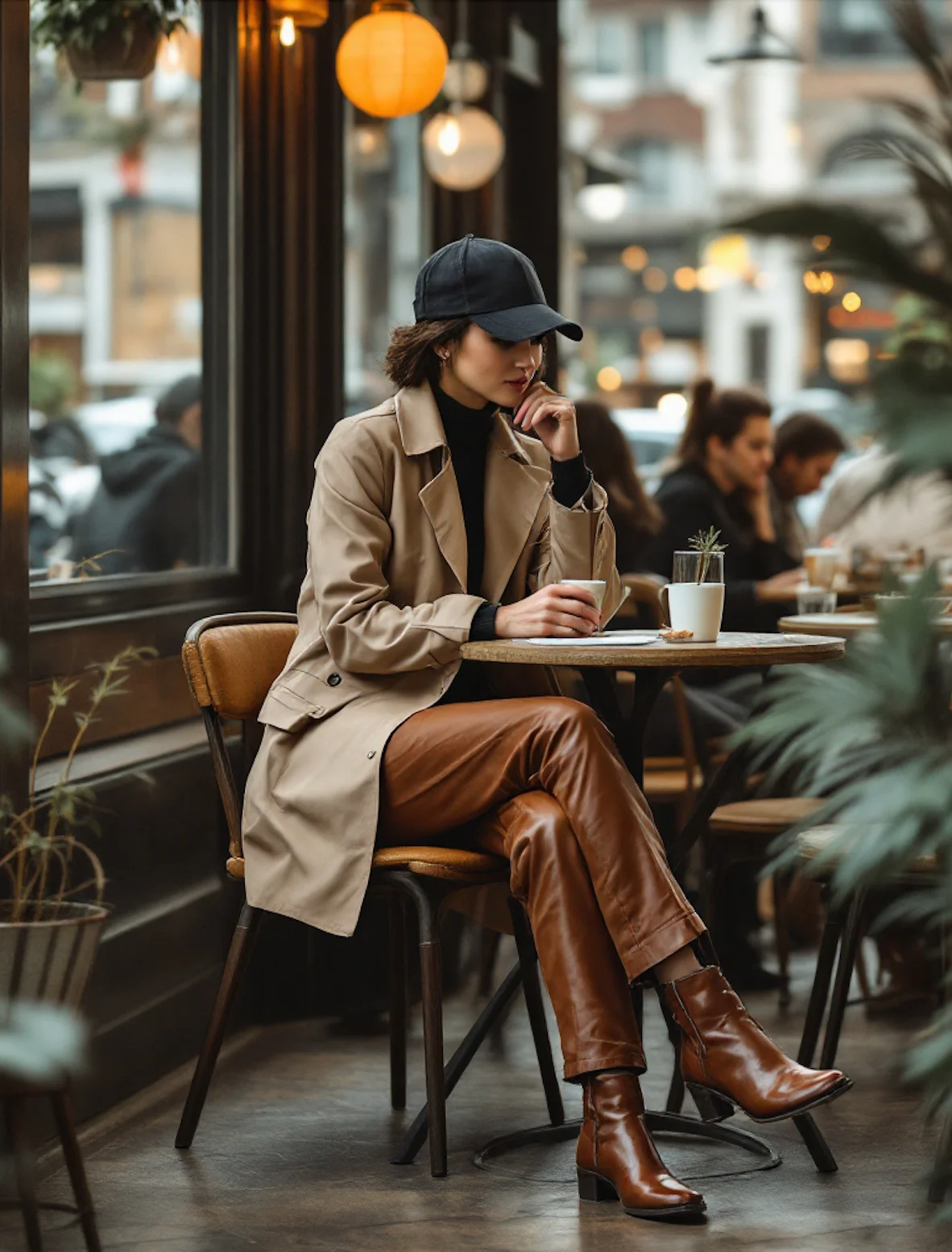 Beige Trench Coat + Black Turtleneck Top + Brown Leather Pants + Brown Ankle Boots + Black Baseball Cap